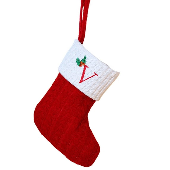 Wadada Christmas Stockings with Initial, Small Embroidered Letter Knit Red White Christmas Stocking Letter Monogram Hanging Xmas Stockings for Family Christmas Tree Fireplace Decor (8", Letter V)