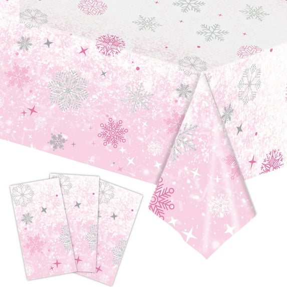 Wadada Christmas Tablecloth, Pink and White Christmas Snowflake Tablecloth 54 x 108 inch Disposable Plastic Rectangular Table Cover Winter Theme Waterproof Tablecloth for Christmas Birthday Party
