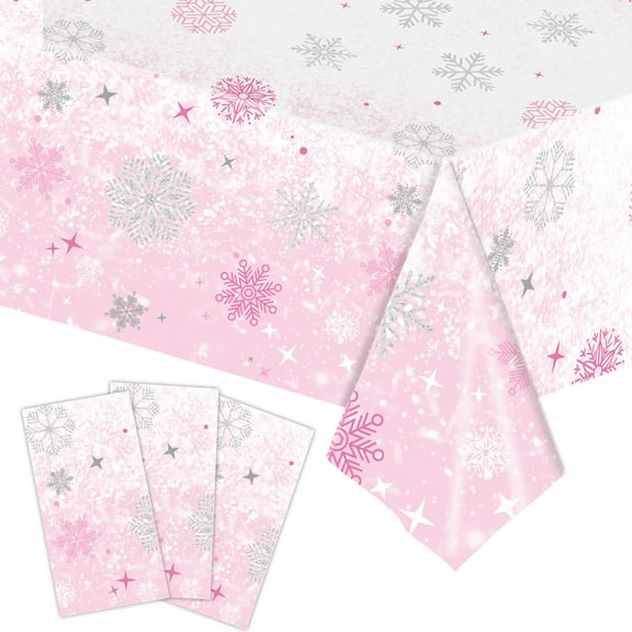 Wadada Christmas Tablecloth, Pink and White Christmas Snowflake Tablecloth 54 x 108 inch Disposable Plastic Rectangular Table Cover Winter Theme Waterproof Tablecloth for Christmas Birthday Party