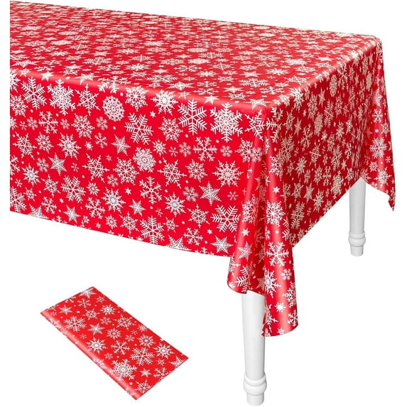 Wadada Christmas Tablecloth, Red and White Christmas Snowflake Tablecloth 54 x 108 inch Disposable Plastic Rectangular Table Cover Winter Theme Waterproof Tablecloth for Christmas Birthday Party