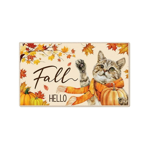 Wadada Fall Door Mat Outside,Pumpkin Maple Leaf Flower Welcome Mat for Front Door,Thanksgiving Autumn Indoor Outdoor Non-Slip Rugs,Fall Doormat for Farmhouse Home Porch Decorations 15" x 23" (Cat)