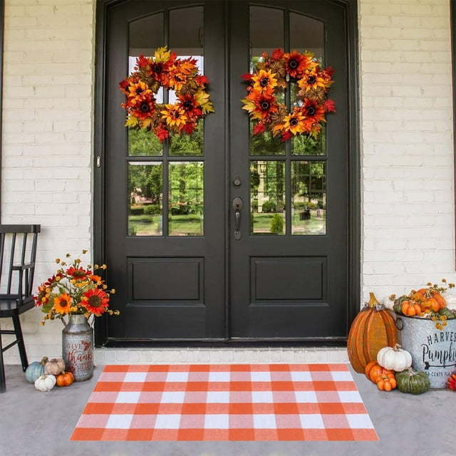Wadada Fall Outdoor Rug,Orange Buffalo Plaid Outdoor Rug,Cotton Hand-Woven Buffalo Check Rug,Layered Doormats for Front Door/Front Porch/Farmhouse/Entryway/Patio(Orange and White Plaid,23'' x 16'')