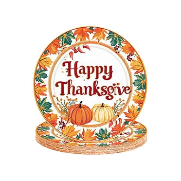 Wadada Fall Thanksgiving Party Plates and Napkins Autumn Harvest Tableware Thanksgiving Disposable Plates Pumpkin Maple Leaves Paper Plates Napkins Cups for 24 Guests (24Pcs Plates）