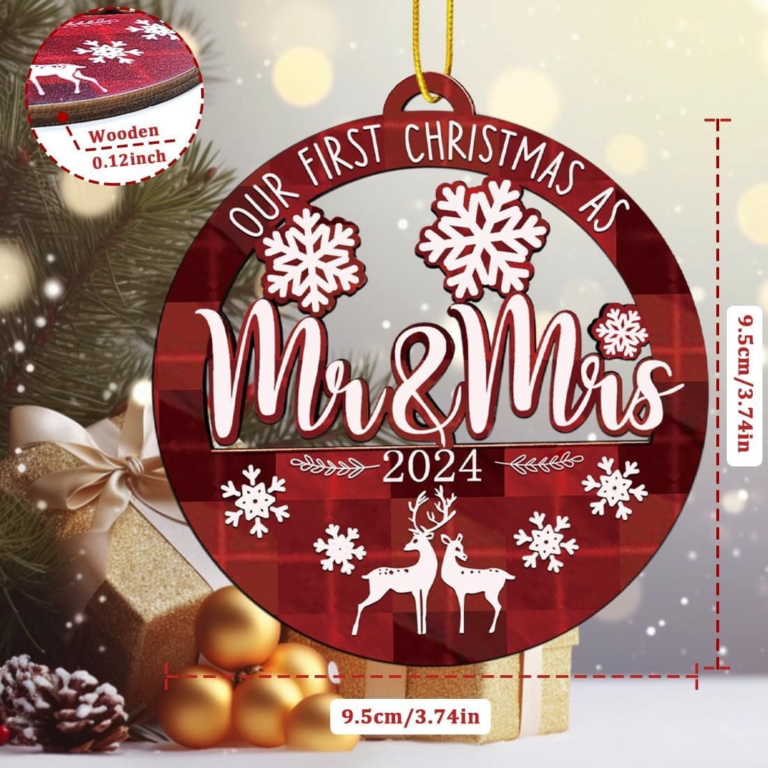 First Christmas Married Ornament 2024 - Wooden 'Mr & Mrs' Car Keepsake For Newlyweds