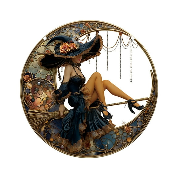 Wadada Halloween Decor Charming Moonlight Witch, Acrylic Stained Glass Window Hanging Sun Catcher Decor Stained Panel Hangings Wall Art Decor, for Friends and Family, 12x12 inch, Style 02