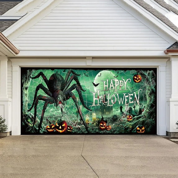 Wadada Halloween Garage Door Decor Banner Scary Giant Spider Halloween Garage Door Cover 7x16 Ft Pumpkin Bat Spider Web Horror Halloween Garage Door Banner Backdrop for Indoor Outdoor Wall Decor