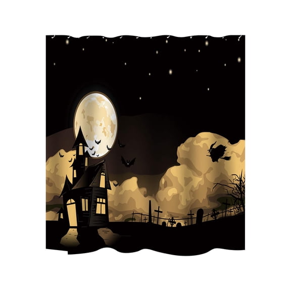 Wadada Halloween Shower Curtain Sets with Non-Slip Rugs, Toilet Lid Cover and Bath Mat, Haunted House Pumpkin Shower Curtains with 12 Hooks, Bathroom Decor Sets with Curtain and Rugs (70x59 Inch)