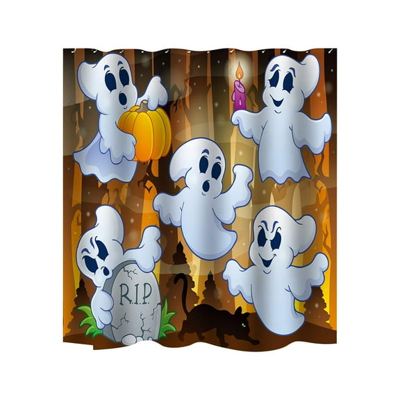Wadada Halloween Shower Curtain Sets with Non-Slip Rugs, Toilet Lid Cover and Bath Mat, Haunted House Pumpkin Shower Curtains with 12 Hooks, Bathroom Decor Sets with Curtain and Rugs (70x59 Inch)