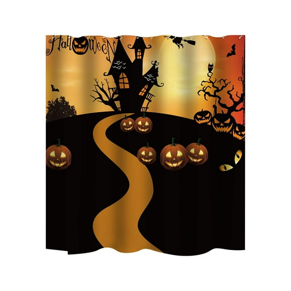 Wadada Halloween Shower Curtain Sets with Non-Slip Rugs, Toilet Lid Cover and Bath Mat, Haunted House Pumpkin Shower Curtains with 12 Hooks, Bathroom Decor Sets with Curtain and Rugs (70x59 Inch)