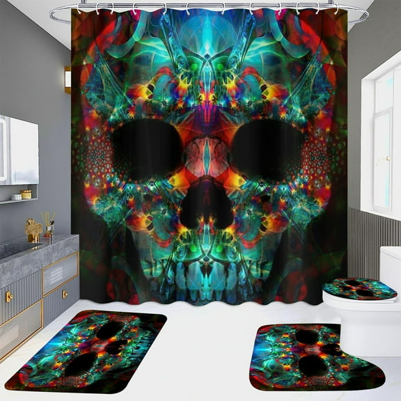 Wadada Halloween Shower Curtain Sets with Non-Slip Rugs, Toilet Lid Cover and Bath Mat, Haunted House Skull Shower Curtains with 12 Hooks, Bathroom Decor Sets with Curtain and Rugs