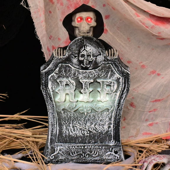 Wadada Halloween Skeleton with Tombstone Ornament,Halloween Tombstone with Scary Sounds & Glowing,Sound Effects Tombstone for Party Halloween Patio Indoor & Outdoor Decoration Scene Layout(Red Light)