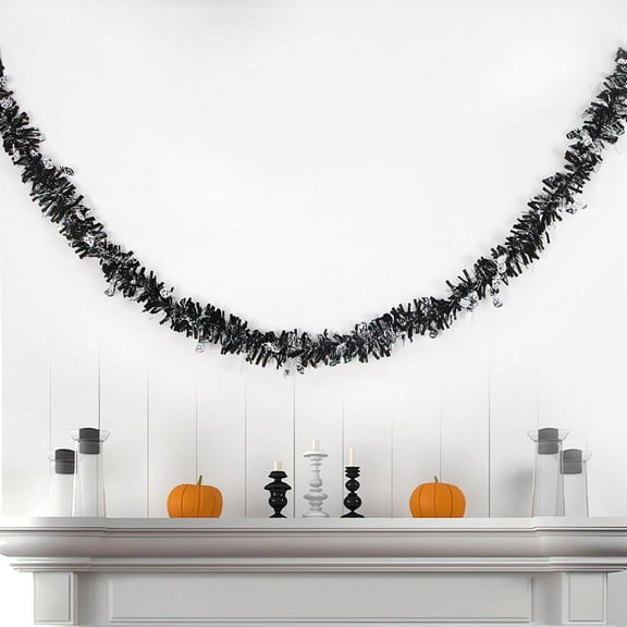 Wadada Halloween Tinsel Shiny Garland, Chunky Glittering Tinsel Garland, 6.6Ft Pumpkin Metallic Tinsel Hanging Ornament Decoration for Halloween Party Supplies (Black)