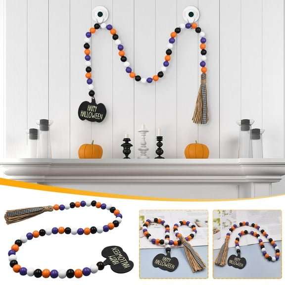 Wadada Halloween Wood Bead Garland 35 inches Wood Bead Garland with Jute Rope Plaid Tassel Halloween Tag Farmhouse Wood Beads Natural Fall String Hanging Dcor for Nursery Room