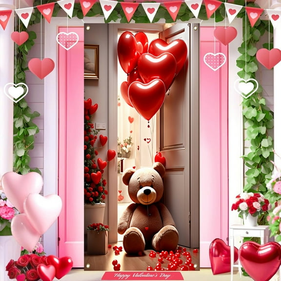 Wadada Happy Valentine's Day Door Cover, Valentines Day Party Decoration Pink White Love Conversation Heart Door Banner Background for Romantic Valentine's Day Front Door Hanging Party Supplies