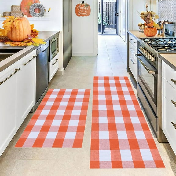 Wadada Kitchen Mat Set of 2 Non Slip Thick Kitchen Rugs and Mats Orange and White Buffalo Plaid Cushioned Anti-Fatigue Kitchen Rugs Floor Mats for Kitchen Floor Sink Laundry, 23"x15"+23"x35"