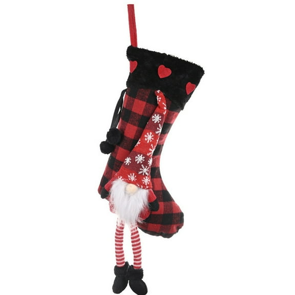 Wadada Large Christmas Stockings 3D Plush Gnome Santa Hanging Stockings with Long Legs Red Black Buffalo Plaid Xmas Character Hanging Socks for Xmas Party Home Fireplace Decor Family Friend Gift