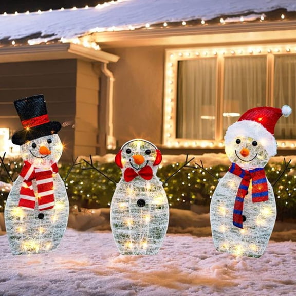 Wadada Lighted Christmas Snowman Decorations Yard Light Up Snowman Indoor Outdoor Decor Collapsible Pop Up with Pre-Lit LED Lights Metal Stand for Lawn Garden Porch Xmas Outside Party (3Pcs)
