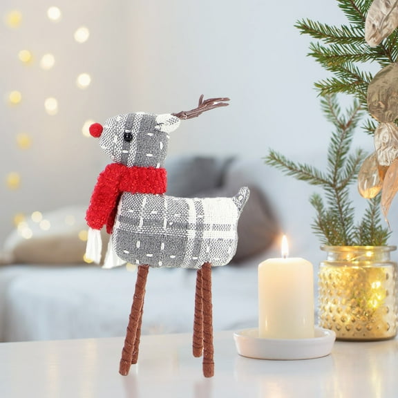 Wadada Plush Fabric Christmas Reindeer Figurines 10.6inch Standing Plaid Christmas Elk Statue with Scarf Elegant Stuffed Xmas Deer Christmas Table Ornaments for New Year Home Decor