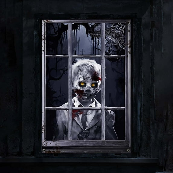 Wadada Scary Halloween Curtain, Halloween Window Silhouette Decorations with Hanging Accessories, Horror Ghost Theme Poster for Door Wall Haunted House, Halloween Party Decorations Indoor Outdoor