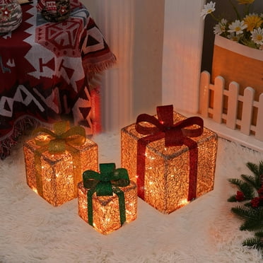 Wadada Set of 3 Christmas Lighted Gift Boxes, Outdoor Led Present Box Light with Bow, Light Up Muticolor Present Box Set Plug in for Yard Lawn Porch Garden Holiday Party Christmas Home Decorations