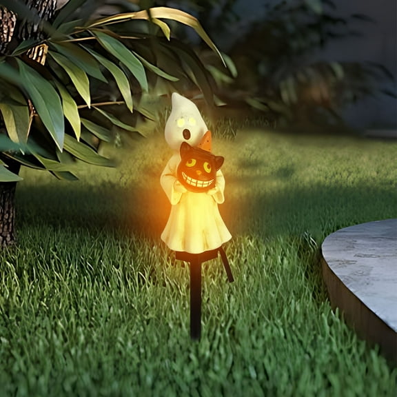 Wadada Solar Halloween Ghost Pathway lights Decorations, Halloween Ghost Stake Lights Set of 2, Lighted 3D Ghost Outdoor Waterproof for Garden, Pathway and Yard Decoration (Cute Ghost)