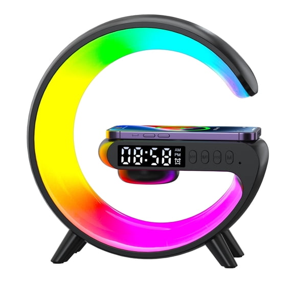 Wadan G-Shaped Table Lamp with Wireless Charging and Bluetooth Speaker, Alarm Clock, Night Light, Black