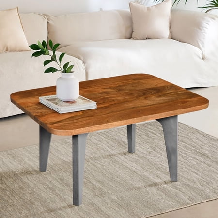 Wade 28 Inch Handcrafted Rectangular Coffee Table Solid Natural Brown Mango Wood Inverted U Shape Legs - Saltoro Sherpi