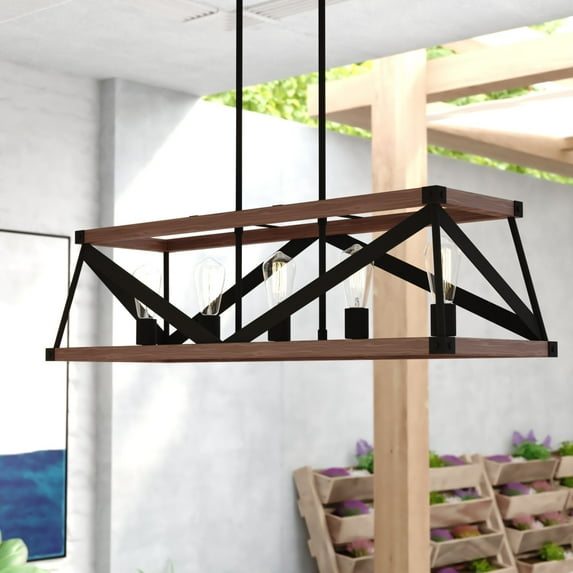 Wade 5L Black and Wood Rustic Cage Linear Chandelier Island Pendant Light Fixture