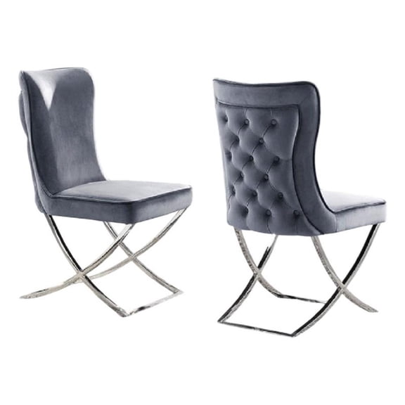 Waden Side Dining Chair Set of 2-Chrome Metal-Gray Button Tufted Velvet