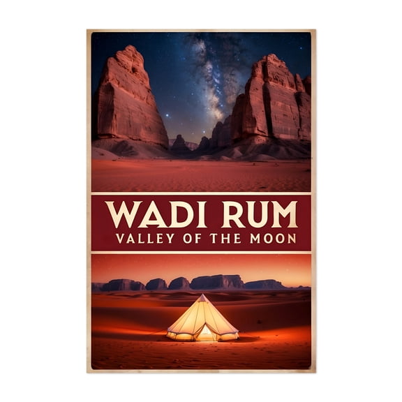 Wadi Rum Vintage Travel Poster – Valley of the Moon - Wadi Rum Village Aqaba Governorate Jordan Illustration Desert Travel Poster Night Sky Stars Milky Way Unframed Wall Art Print 20 x 28 inches