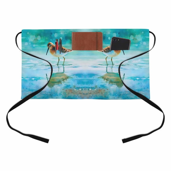 Wading Bird Kitchen Restaurant Half Waist Apron, Coastal Teal Blue Rippling Water Server Short Apron with 3 Pockets Waterproof Oil Waist Aprons for Women Waitress Waiter