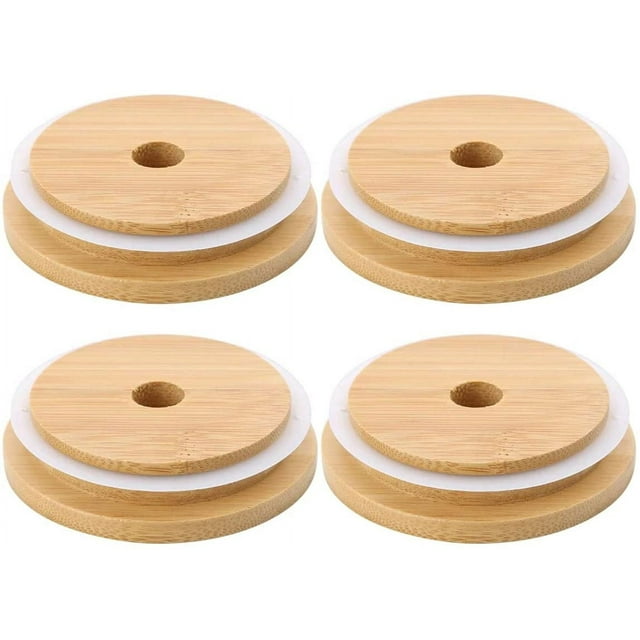 WadwP 4 Pack 86mm Wide Mouth Bamboo Mason Jar Lids with Straw Hole