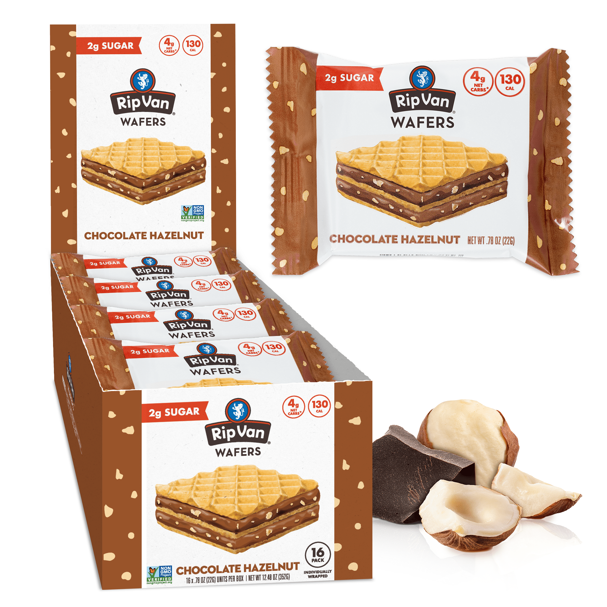 Rip Van Chocolate Hazelnut Wafer Cookies - Keto - Non-GMO - Healthy Snacks - Low Carb & Low Sugar (2g) - Low Calorie - Vegan - 16 Count