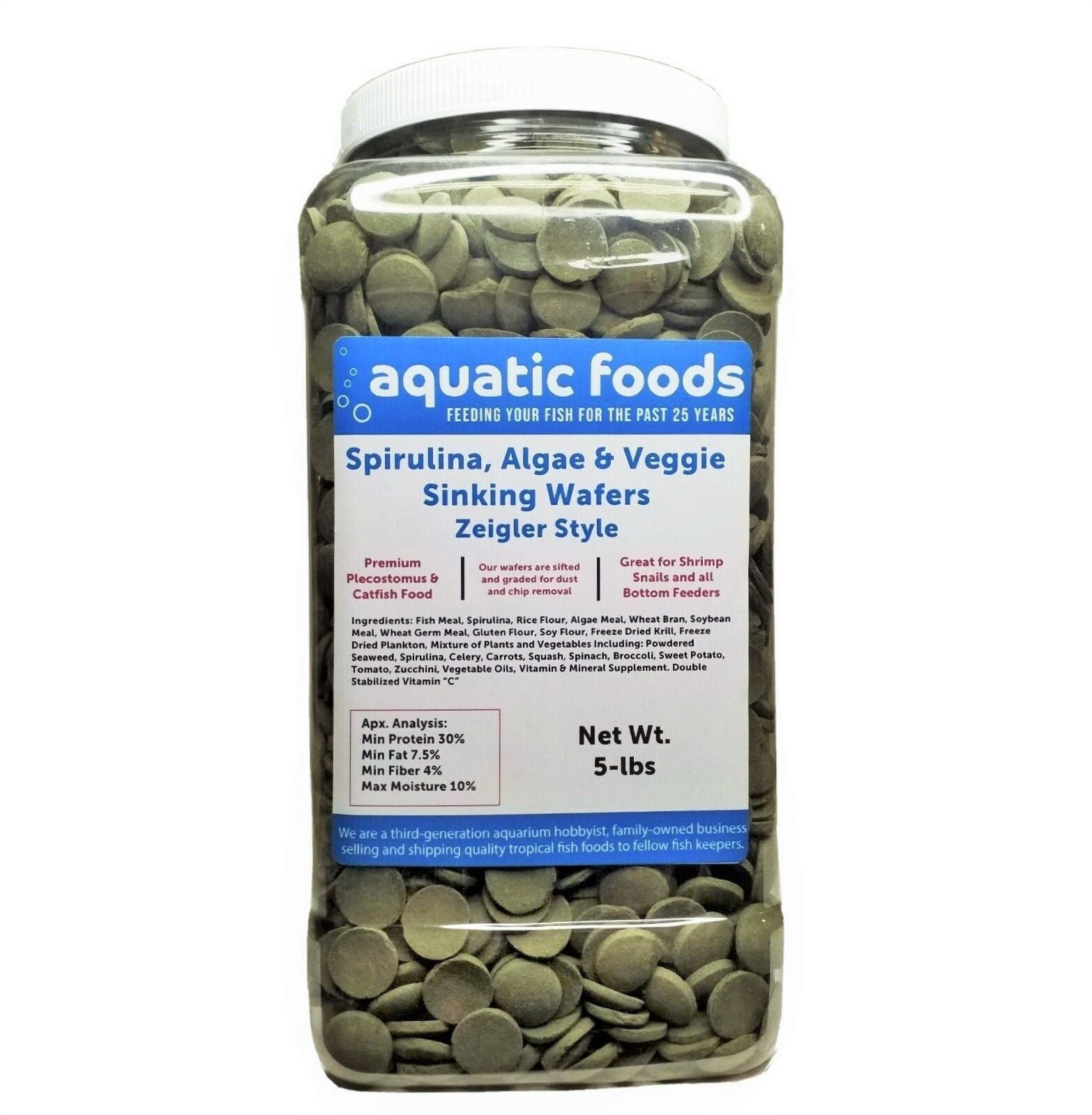 Wafers of Spirulina, Algae, Veggies, Sinking Wafers for Bottom Fish, Shrimp, Snails, Crabs, Crayfish, All Tropical Fish, Zeigler Style Wafers...5-lb Lg Jar