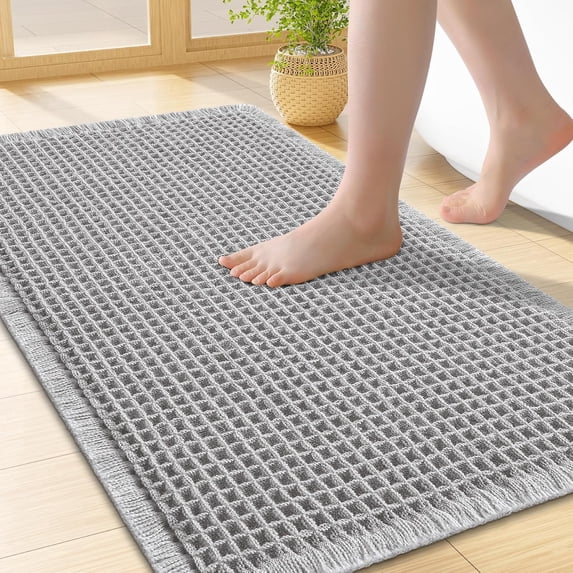 Waffle Bath Mat 30"x18", Extra Soft Absorbent Bathroom Rug, Non-Slip, Quick Dry, Machine Washable, Grey
