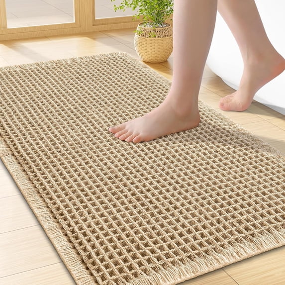 Waffle Bath Mat 32"x20", Extra Soft Absorbent Bathroom Rug, Non-Slip, Quick Dry, Machine Washable, Brown