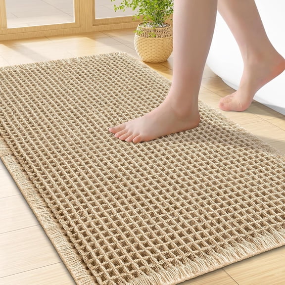 Waffle Bath Mat 32"x20", Extra Soft Absorbent Bathroom Rug, Non-Slip, Quick Dry, Machine Washable, Brown