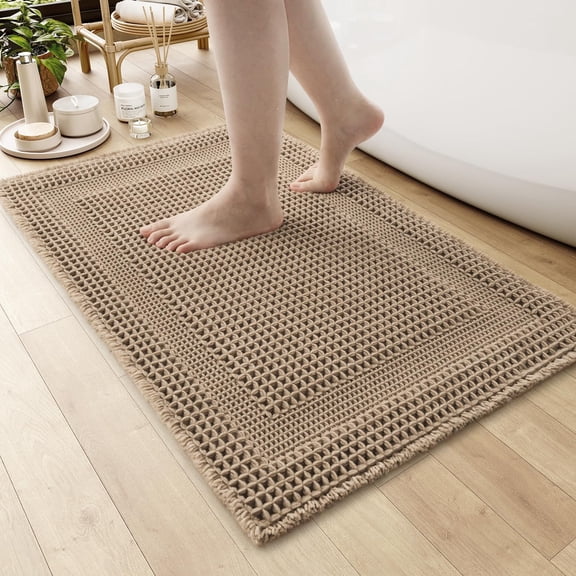 MY Waffle Bath-Mat, Absorbent Bath Mats for Bathroom Non Slip, Machine Washable Bathroom Rugs with Tassels Ultra Soft Boho Bath Rugs for Floor 18"x30" Beige