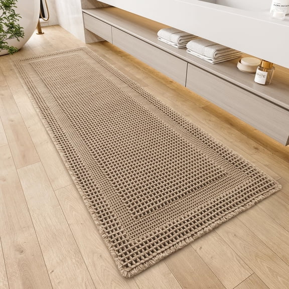 Waffle Bath-Mat, Absorbent Bath Mats for Bathroom Non Slip, Machine Washable Bathroom Rugs with Tassels Ultra Soft Boho Bath Rugs for Floor 2'x6'(24"x72") Beige