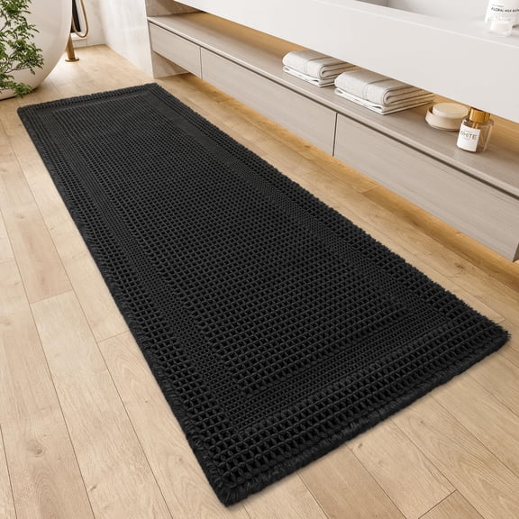 Waffle Bath-Mat, Absorbent Bath Mats for Bathroom Non Slip, Machine Washable Bathroom Rugs with Tassels Ultra Soft Boho Bath Rugs for Floor 2'x6'(24"x72") Black