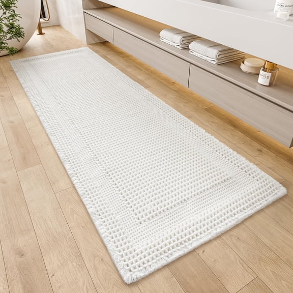 Waffle Bath-Mat, Absorbent Bath Mats for Bathroom Non Slip, Machine Washable Bathroom Rugs with Tassels Ultra Soft Boho Bath Rugs for Floor 2'x6'(24"x72") White