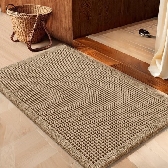 Waffle Bath Mat Beige 32"x20", Boho Woven Modern Rugs, Absorbent Non Slip Bathroom Soft Washable Rugs with Tassels for Bathroom, Bedroom, Kitchen, Shower, Tub