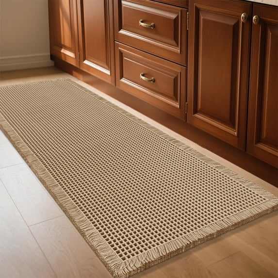 HAKUNA Waffle Bath Mat Beige 6'x2', Boho Woven Modern Bath Rug Mats, Absorbent Non Slip Bathroom Floor Mat, Soft Washable Bath Rugs with Tassels for Bathroom, Bedroom, Kitchen, Shower, Tub