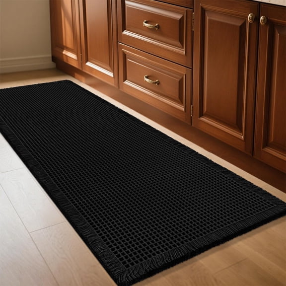 HAKUNA Waffle Bath Mat Black 4'x2',Boho Woven Modern Bath Rug Mats, Absorbent Non Slip Bathroom Floor Mat, Soft Washable Bath Rugs with Tassels for Bathroom, Bedroom, Kitchen, Shower, Tub