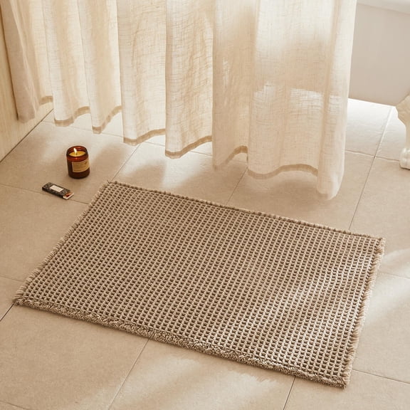 Waffle Bath Mat, Boho Bathroom Rugs Non Slip Washable Super Absorbent Quick Dry Bath Mat Farmhouse Bathroom Decor, 36"x24" Beige