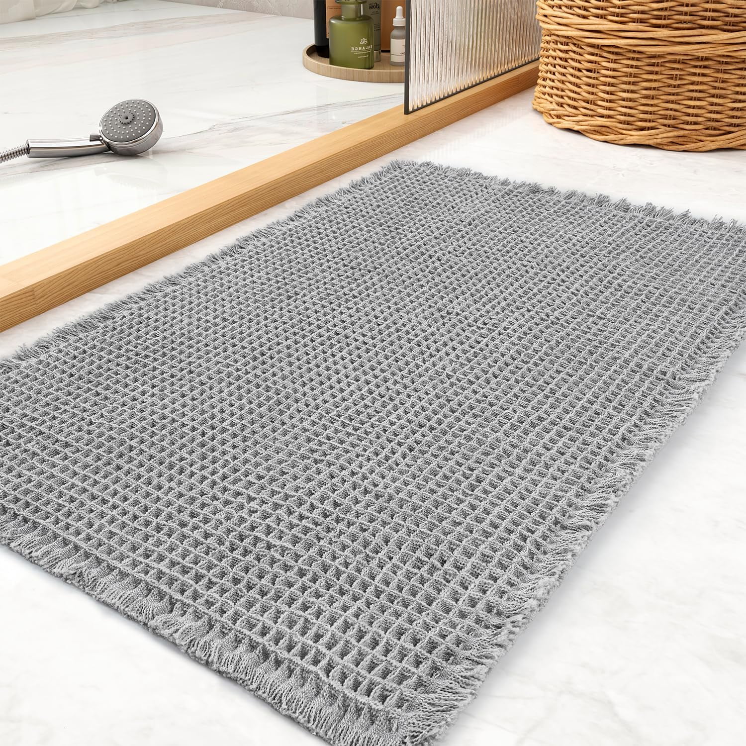 Waffle Bath Mat, Boho Bathroom Rugs Non Slip Washable Super Absorbent Quick Dry Farmhouse Bathroom Decor