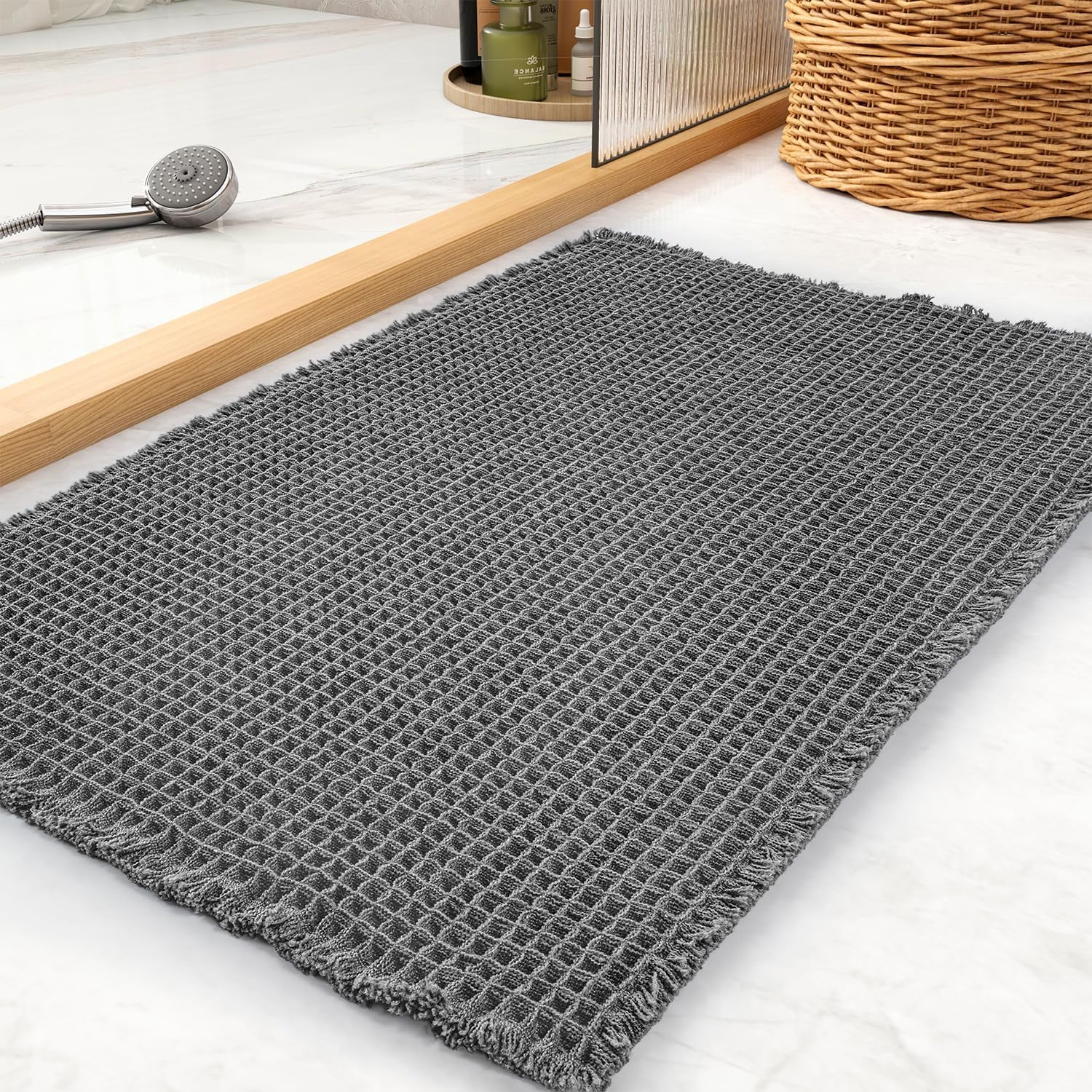 Waffle Bath Mat, Boho Bathroom Rugs Non Slip Washable Super Absorbent Quick Dry Farmhouse Bathroom Decor
