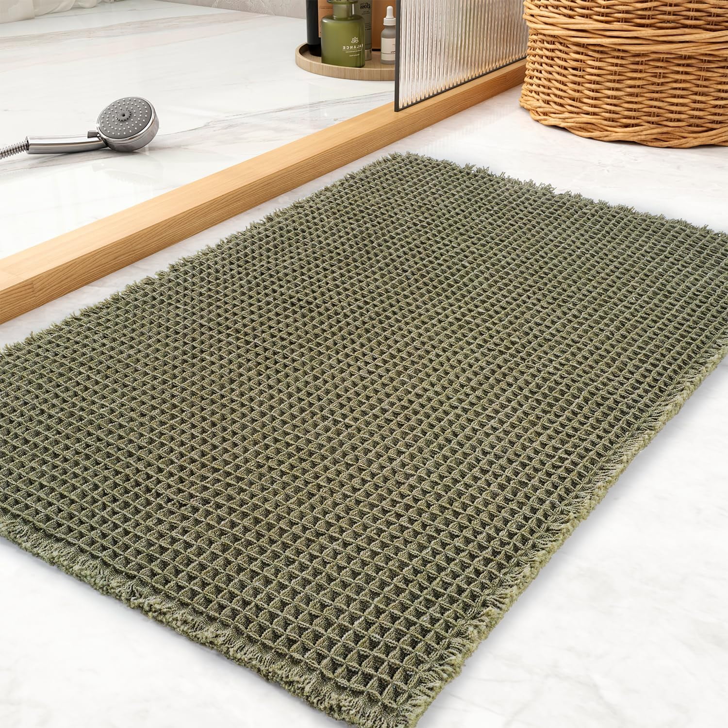 Waffle Bath Mat, Boho Bathroom Rugs Non Slip Washable Super Absorbent Quick Dry Farmhouse Bathroom Decor