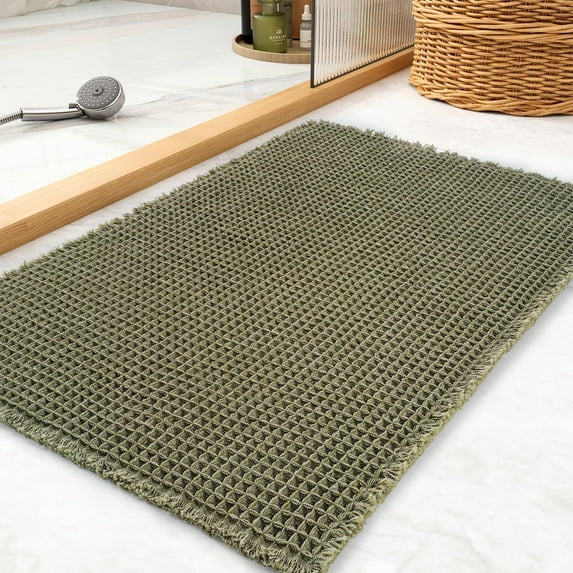 Waffle Bath Mat, Boho Bathroom Rugs Non Slip Washable Super Absorbent Quick Dry Farmhouse Bathroom Decor