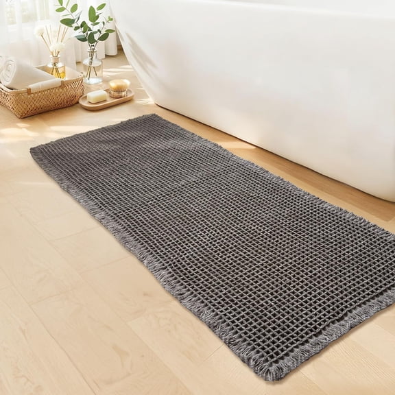 Waffle Bath Mat - Boho Bathroom Rugs Non Slip Washable, Super Absorbent & Quick Dry, Soft Bath Mat Farmhouse Bathroom Decor, 24'' x 48'', Dark Grey